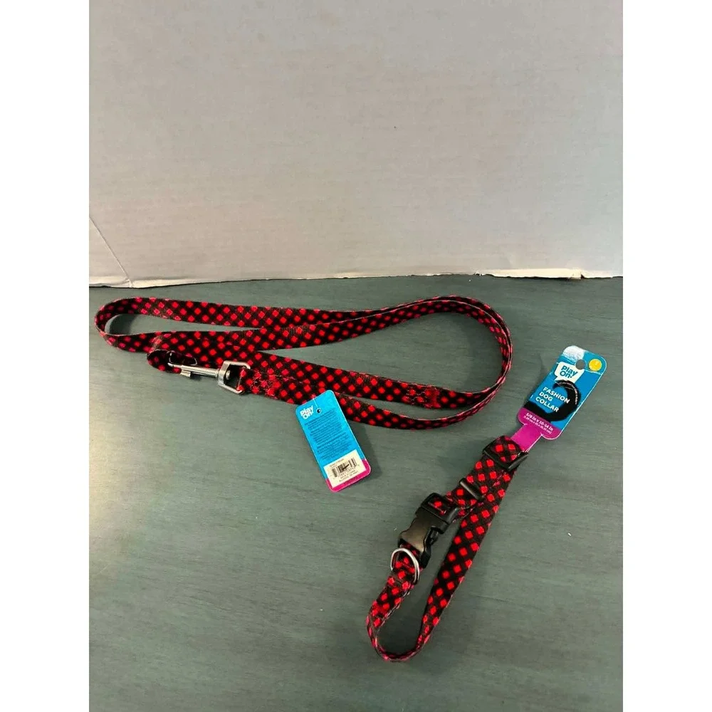 Play On! Dog Collar and Leash Set Small Red Black Checkered New NWT Patterned